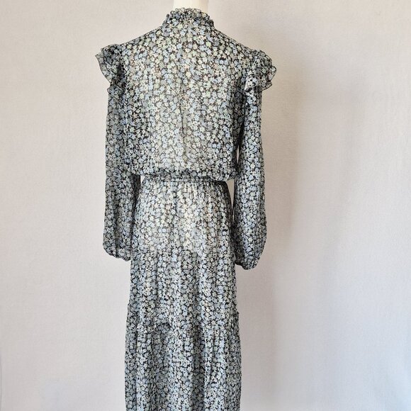 Maje Renaza Floral Sheer Chiffon Tiered Midi Dress Long Sleeve Metallic Blue - Picture 6 of 16